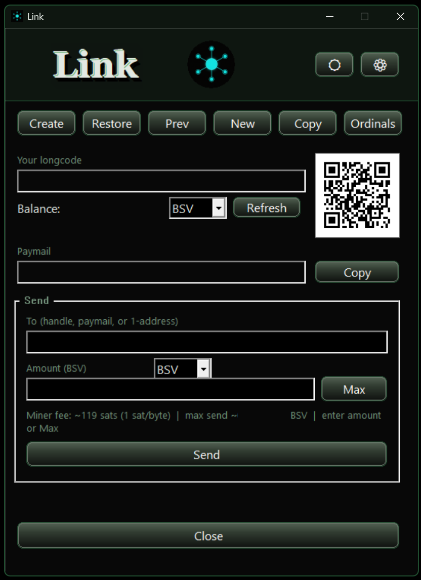 Link wallet — longcode, paymail, send, and QR