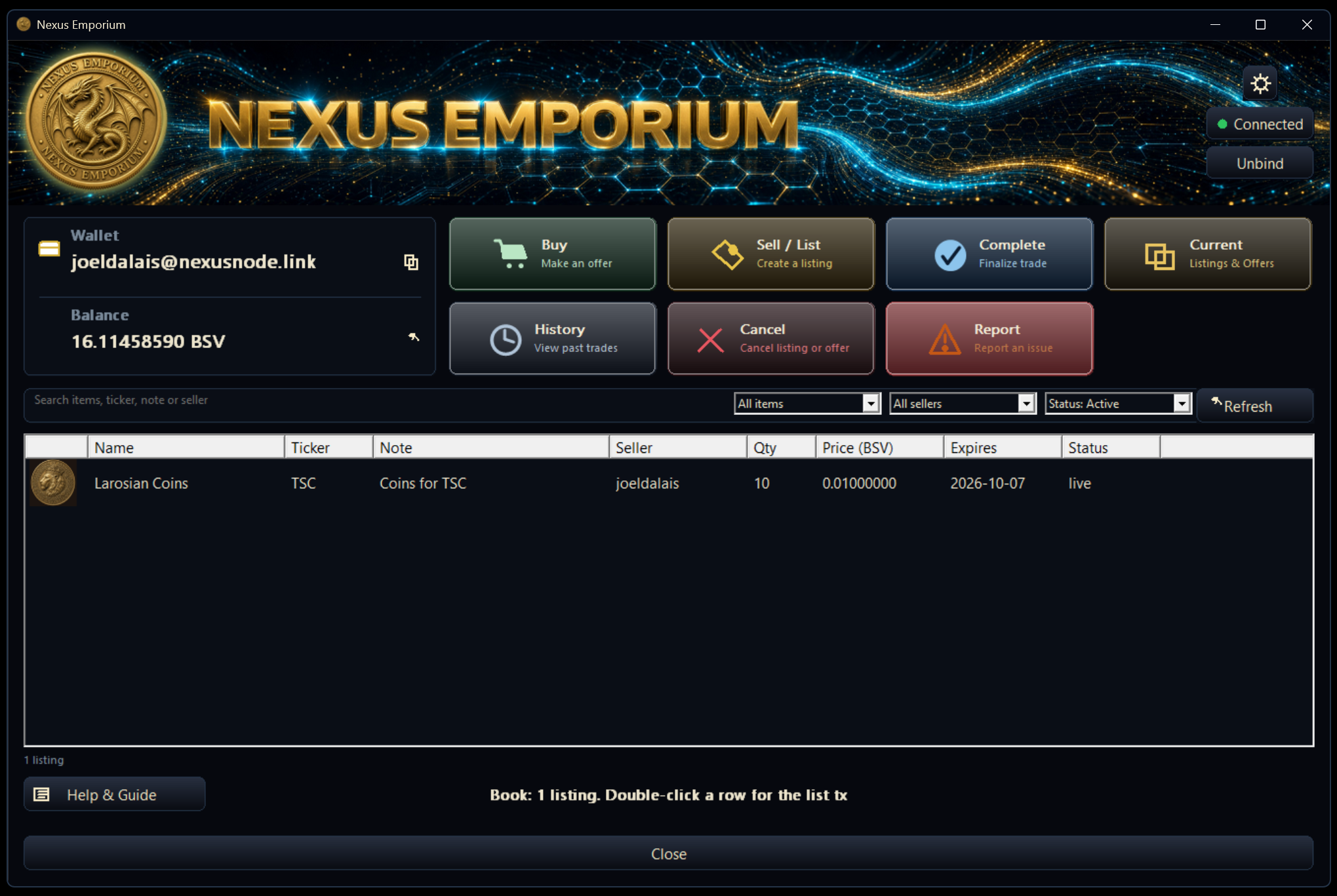Nexus Emporium — book, wallet, list, buy, and complete
