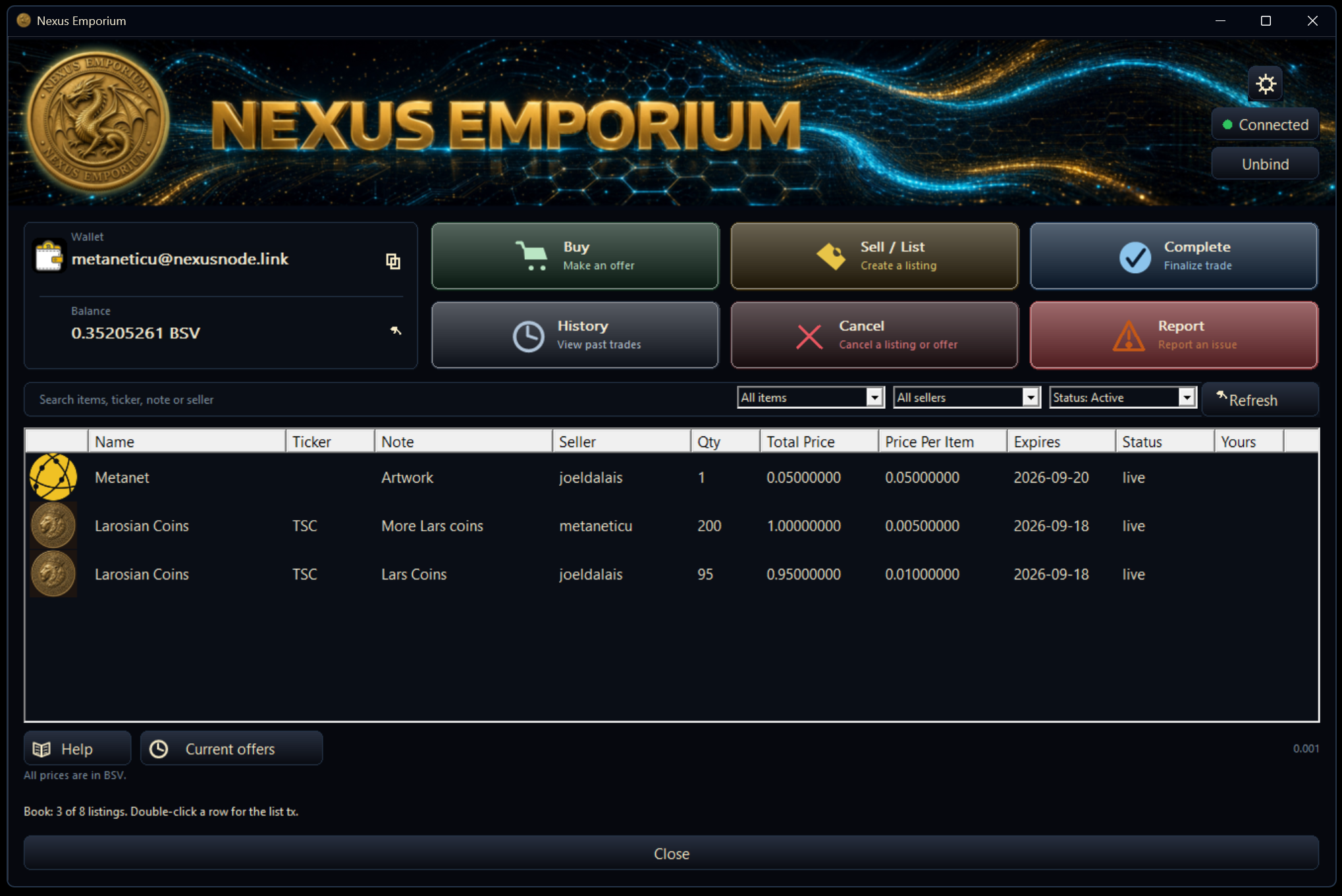 Nexus Emporium — book, wallet, list, buy, and complete