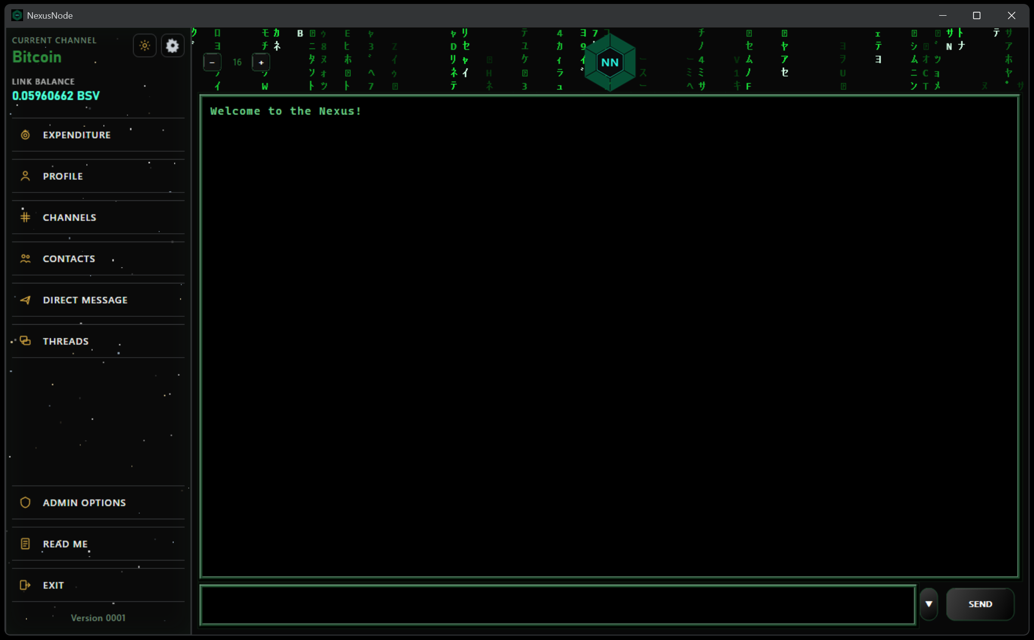 Nexus Node main window on the Bitcoin channel