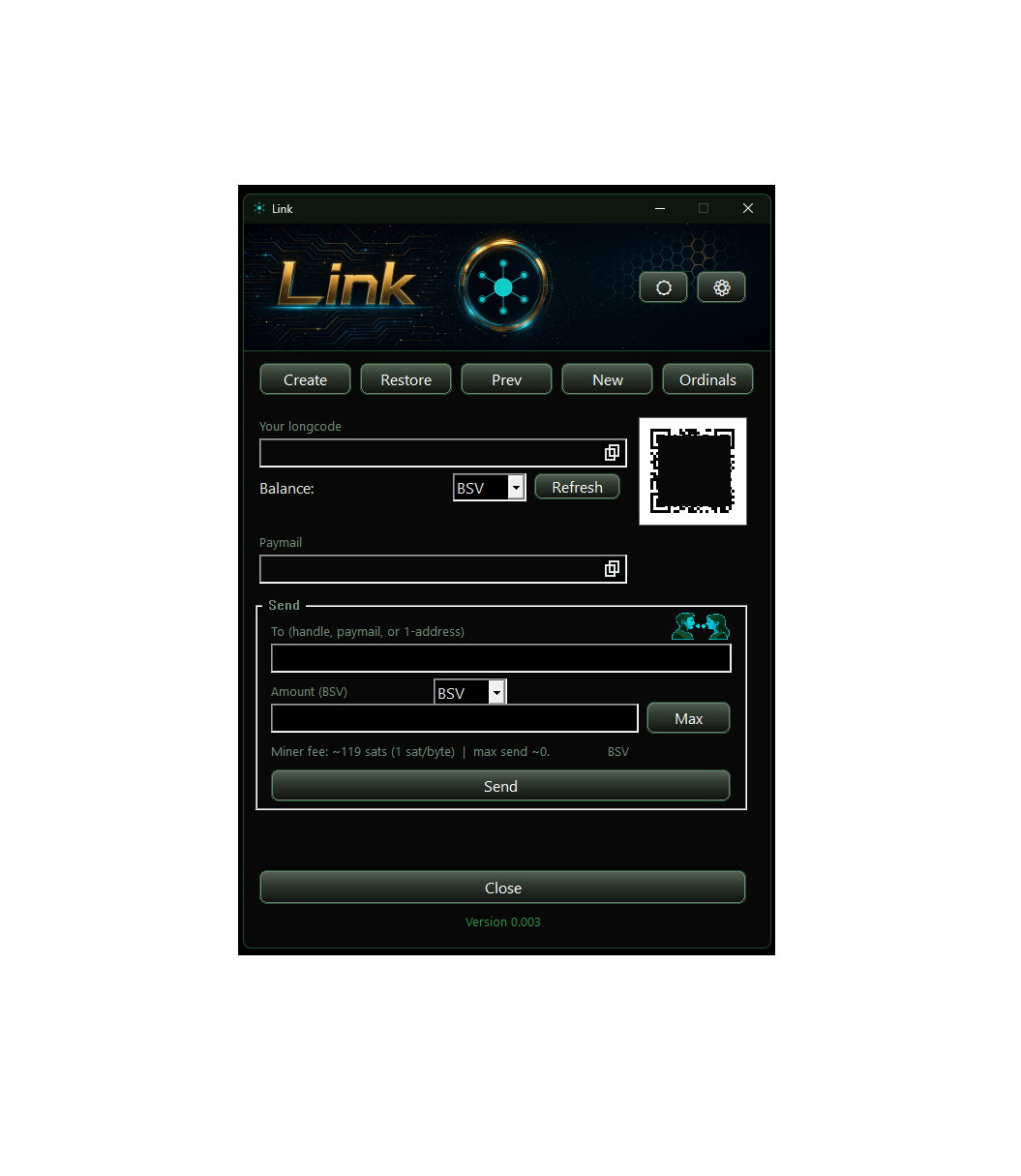 Link wallet — longcode, paymail, send, and QR
